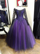 Elegant Black And Purple Lace Long Sleeves Sweet 16 Dress, Black And Purple Prom Dress