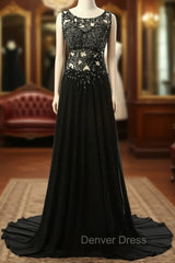 Elegant Black Long Evening Dresses Beading Chiffon Sleeveless