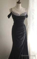 Elegant Black Mermaid Spaghetti Strap Satin Diamond Long Prom Dress Simple Evening Dress