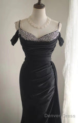 Elegant Black Mermaid Spaghetti Strap Satin Diamond Long Prom Dress Simple Evening Dress
