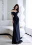 Elegant Black Off Shoulder Long Formal Gown, Black Satin Prom Dress Party Dress