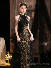 Elegant Black Sequins Halter Evening Dress With Lace Applique, Black Long Prom Dress