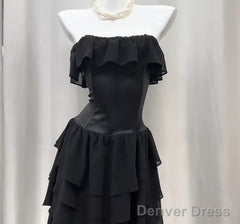 Elegant Black Strapless A-Line Layered Chiffon Long Prom Dress Graduation Prom Dress