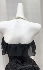 Elegant Black Strapless A-Line Layered Chiffon Long Prom Dress Graduation Prom Dress