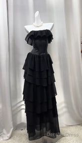 Elegant Black Strapless A-Line Layered Chiffon Long Prom Dress Graduation Prom Dress