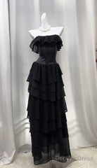 Elegant Black Strapless A-Line Layered Chiffon Long Prom Dress Graduation Prom Dress