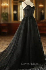 Elegant Black Straps Tulle Sweetheart Prom Dresses, Black Party Dresses