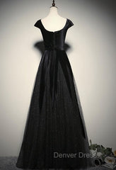 Elegant Black Velvet Cap Sleeves Evening Dresses, Black Prom Dresses
