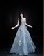 Elegant Blue A-Line Strapless 3D Floral Sequined Tulle Long Prom Dresses Evening Dresses