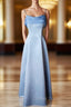 Elegant Blue Satin Spaghetti Straps Prom Gowns A Line Long Prom Dress