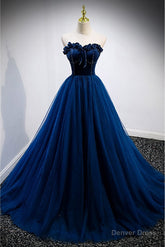 Elegant Blue Velvet And Tulle Long Prom Dress Strapless