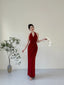 Elegant Burgundy Fitted Halter Neck Deep V-Neck Satin Long Prom Evening Dresses