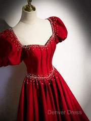 Elegant Burgundy Floor Length Prom Dresses, A-Line Beading Puffy Short Sleeve Backless Evening Dresses