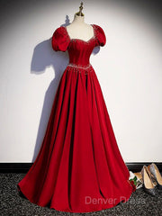 Elegant Burgundy Floor Length Prom Dresses, A-Line Beading Puffy Short Sleeve Backless Evening Dresses