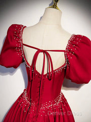 Elegant Burgundy Floor Length Prom Dresses, A-Line Beading Puffy Short Sleeve Backless Evening Dresses