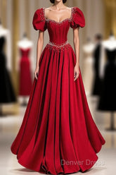 Elegant Burgundy Floor Length Prom Dresses, A-Line Beading Puffy Short Sleeve Backless Evening Dresses