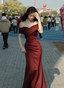 Elegant Burgundy Mermaid Off-The-Shoulder Satin Long Prom Dresses Evening Dresses