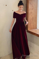 Elegant Burgundy Off Shoulder Sweetheart Velvet Party Dress, A-Line Long Formal Dress Prom Dress