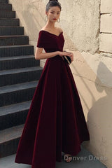 Elegant Burgundy Off Shoulder Sweetheart Velvet Party Dress, A-Line Long Formal Dress Prom Dress