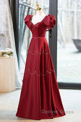 Elegant Burgundy Satin Long Prom Dresses With Beaded, Burgundy Short Sleeve Evening Dresses