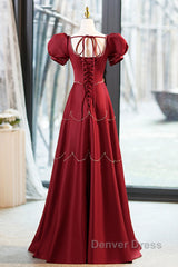 Elegant Burgundy Satin Long Prom Dresses With Beaded, Burgundy Short Sleeve Evening Dresses
