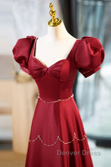 Elegant Burgundy Satin Long Prom Dresses With Beaded, Burgundy Short Sleeve Evening Dresses