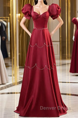 Elegant Burgundy Satin Long Prom Dresses With Beaded, Burgundy Short Sleeve Evening Dresses