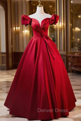 Elegant Burgundy Satin Off the Shoulder Pleats Prom Dresses