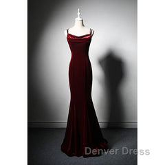 Elegant Burgundy Spaghetti Straps Velvet Mermaid Prom Dresses Evening Dresses