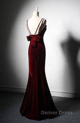 Elegant Burgundy Spaghetti Straps Velvet Mermaid Prom Dresses Evening Dresses