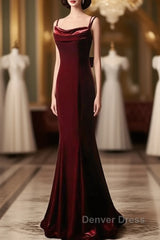 Elegant Burgundy Spaghetti Straps Velvet Mermaid Prom Dresses Evening Dresses
