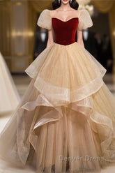 Elegant Burgundy Sparkling Sequin Square Neck Fluffy Short Sleeved Ball Dresses, Burgundy Princess Sheer Backless Strap, Floor Length Layered Ruffle Edge Prom Dresses