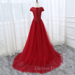 Elegant Cap Sleeve Lace Applique Tulle Party Dresses, Prom Gowns