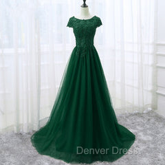 Elegant Cap Sleeve Lace Applique Tulle Party Dresses, Prom Gowns