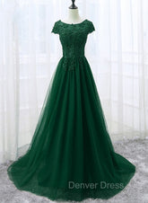Elegant Cap Sleeve Lace Applique Tulle Party Dresses, Prom Gowns