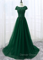 Elegant Cap Sleeve Lace Applique Tulle Party Dresses, Prom Gowns