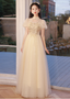 Elegant Champagne Apricot A-Line Puff Sleeve Embroidered Tulle Long Prom Dresses Evening Dresses