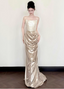 Elegant Champagne Gold Mermaid Strapless Ruffled Satin Train Prom Dresses Evening Dresses