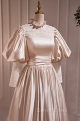 Elegant Champagne Satin A-Line Prom Dresses, Champagne Ruffle High Neck Puffy Short Sleeve Backless Evening Dresses