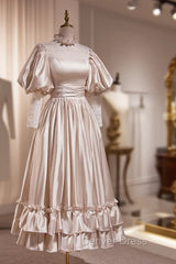 Elegant Champagne Satin A-Line Prom Dresses, Champagne Ruffle High Neck Puffy Short Sleeve Backless Evening Dresses