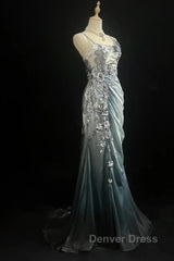 Elegant Chiffon Mermaid Gown For Prom&Party Spaghetti Strap Sequined Applique Evening Gown