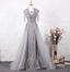 Elegant Court Grey Fringed Beaded Embroidered Tulle Train Prom Dresses Evening Dresses