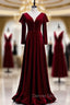 Elegant Dark Burgundy Velvet Long Sleeve Prom Dresses