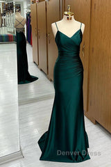 Elegant Dark Green Mermaid Spaghetti Strap Satin Long Prom Dresses