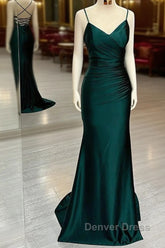 Elegant Dark Green Mermaid Spaghetti Strap Satin Long Prom Dresses
