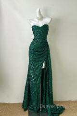 Elegant Dark Green Sweetheart Neck Mermaid Long Prom Dresses Sequin Strapless Formal Evening Dresses