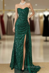 Elegant Dark Green Sweetheart Neck Mermaid Long Prom Dresses Sequin Strapless Formal Evening Dresses