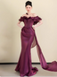 Elegant Deep Fuchsia Mermaid Off-The-Shoulder Ruffled Satin Long Prom Dresses Evening Dresses