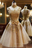 Elegant Gold Applique Homecoming Dresses High Neck Knee Length A Line