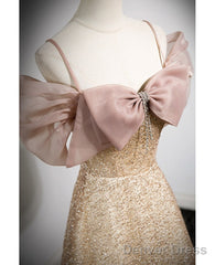 Elegant Gold Rhinestone Sequin Thin Shoulder Strap Off Shoulder Evening Gown With Gold A-Line Princess Bow Short Sleeved Off Back Strap And Floor Length Prom Dress